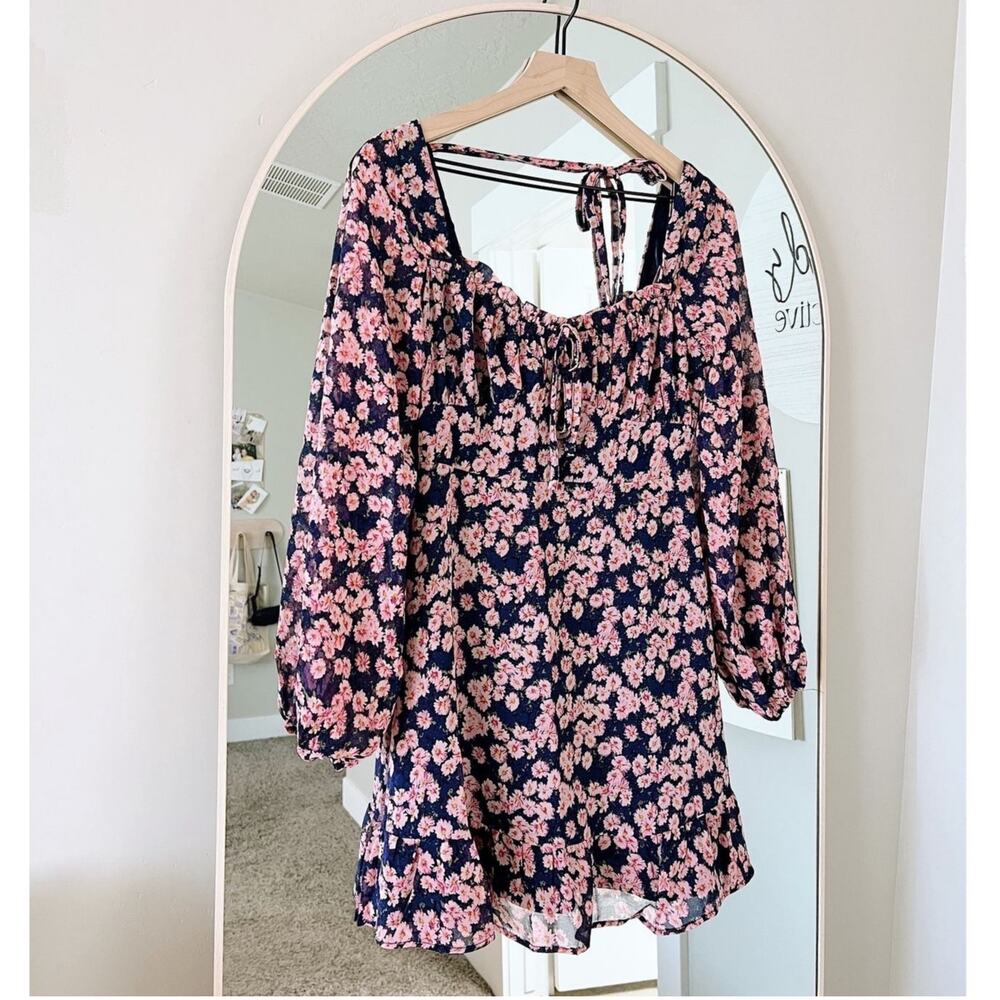 Lush NWT Floral Print Tie Front Long Sleeve Mini Dress Size S Navy Blue Pink